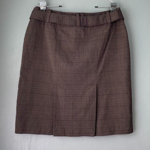 Studio Y Pencil Skirt Size 13 14 Belted Academia Brown Plaid Classic Preppy Twee - Picture 3 of 6